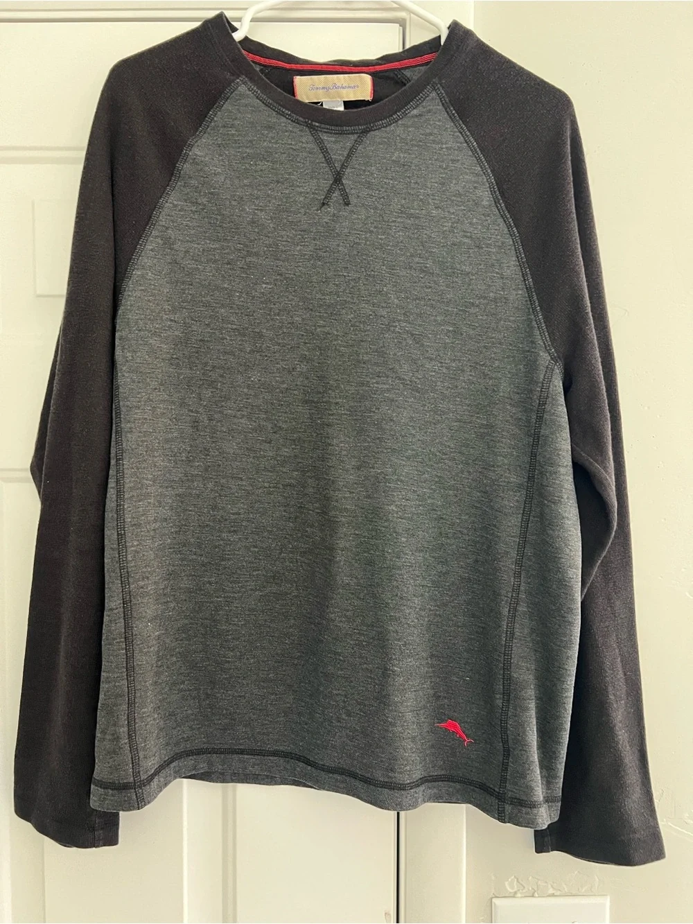 Tommy Bahama Men's Two-Tone Gray and Black Crewneck Sweater with Red Logo